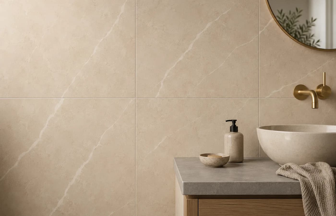 Kitchen splashback with light ceramic marble look tiles