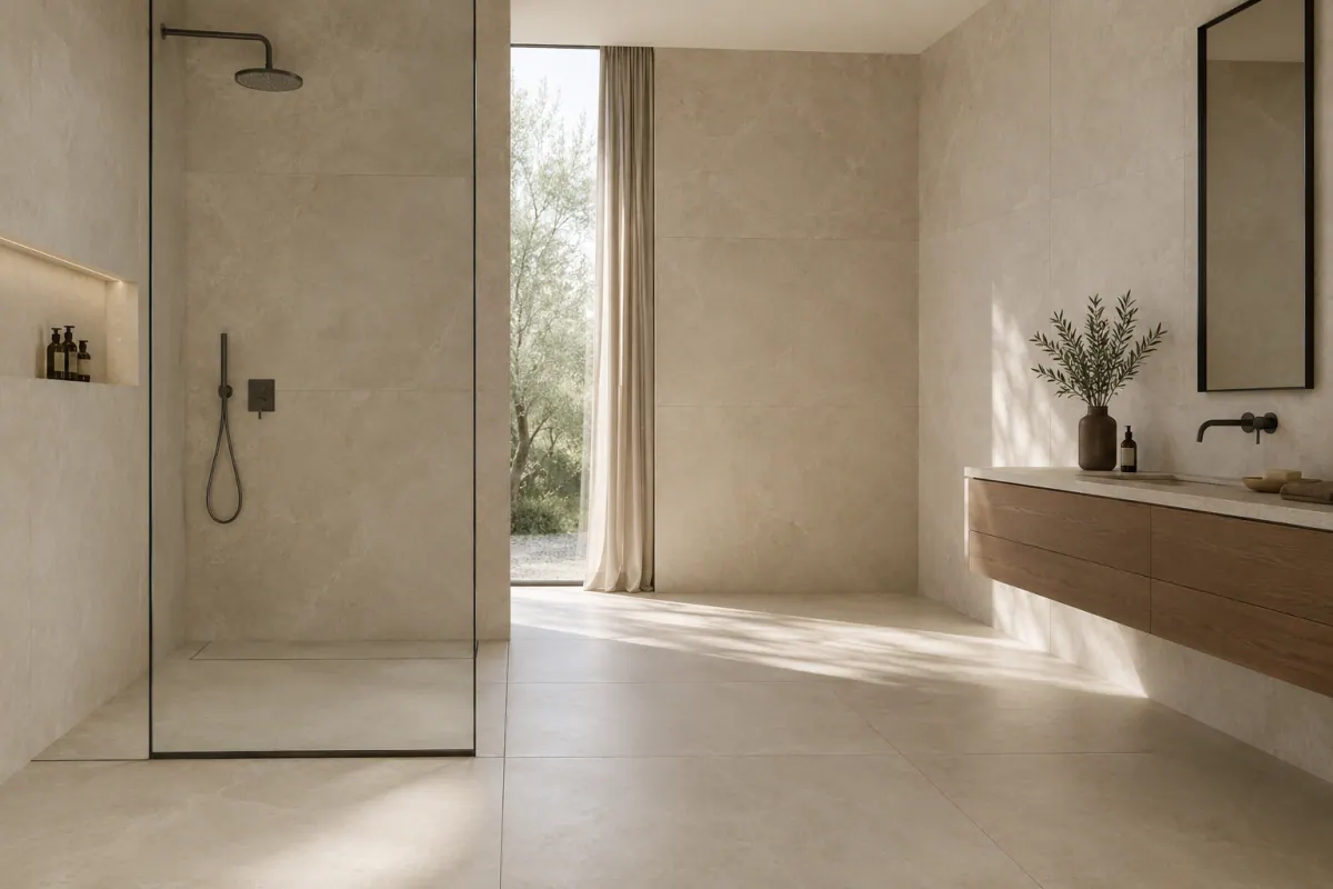 Salle de bain moderne avec carrelage céramique grand format au sol et au mur